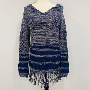 ALTAR’D STATE M Blue Marled Open Knit Hooded Fringe Tunic Sweater Western Beach